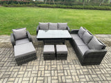 Fimous 10 Seater Outdoor Rattan Garden Furniture Set Oblong Rectangular Dining Table and Chairs Set with 3 Seater Sofa 3PC Footstools Dark Grey Mixed