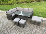 Fimous 9 Seater High Back?Outdoor Rattan Adjustable Rising Lifting Dining Table Corner Sofa Set Garden Furniture Footstools Dark Grey Mixed Left Hand