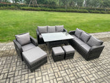 Fimous 10 Seater Outdoor Rattan Garden Furniture Set Oblong Rectangular Dining Table and Chairs Set with 3 Seater Sofa 3PC Footstools Dark Grey Mixed