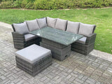 Fimous 7 Seater?Outdoor Rattan High Back Adjustable Rising Lifting Dining Table Corner Sofa Set Garden Furniture Dark Grey Mixed Left Hand