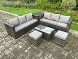 Fimous Rattan Garden Furniture Set Outdoor Patio Sofa Set with Oblong Coffee Table Side Table 2 Small Footstools 8 Seater Dark Grey Mixed