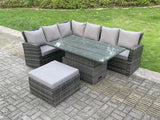 Fimous 7 Seater?Outdoor Rattan High Back Adjustable Rising Lifting Dining Table Corner Sofa Set Garden Furniture Dark Grey Mixed Left Hand
