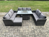 Fimous Rattan Furniture Garden Dining Set Gas Fire Pit Table With 3 Seater Sofa Footstool Dark Grey Mixed