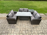 Fimous Outdoor Rattan Furniture Garden Dining Set Height Adjustable Rising lifting Table With 3 PC Love Sofa Side Table