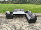 Fimous 7 Seater Lounge Rattan Sofa Set Outdoor Garden Furniture Oblong Rectangular Dining Table With Adjustable Chair Dark Grey Mixed