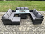 Fimous Rattan Furniture Garden Dining Set Gas Fire Pit Table With 3 Seater Sofa Footstool Dark Grey Mixed