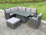 Fimous 8 Seater?Outdoor High Back Rattan Adjustable Rising Lifting Dining Table Corner Sofa Set Garden Furniture Set Dark Grey Mixed Left Hand