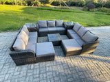 Fimous Rattan Outdoor Furniture Set Patio Garden Sofa Set with Square Coffee Table 2 Big Footstool 2 Side Tables Dark Grey Mixed