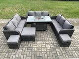 Fimous Outdoor Rattan Furniture Garden Dining Set Gas Fire Pit Table With Lounge Sofa 3 Footstool