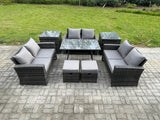 Fimous Outdoor Lounge Sofa Set Wicker PE Rattan Garden Furniture Set with Rectangular Dining Table 2 Seat Sofa 2 Small Footstools 2 Side Tables Dark Grey Mixed
