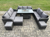 Fimous Outdoor Rattan Furniture Garden Dining Set Gas Fire Pit Table With Lounge Sofa 3 Footstool