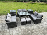 Fimous Outdoor Lounge Sofa Set Wicker PE Rattan Garden Furniture Set with Rectangular Dining Table 2 Seat Sofa 2 Small Footstools 2 Side Tables Dark Grey Mixed