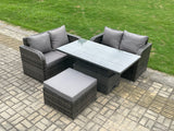 Fimous Outdoor Rattan Furniture Garden Dining Set Height Adjustable Rising lifting Table Love Sofa Set With Big Footstool Dark Grey Mixed