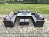 Fimous Rattan Furniture Garden Dining Set Gas Fire Pit Table With Lounge Sofa 2 Small Footstools Dark Grey Mixed