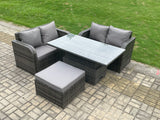 Fimous Outdoor Rattan Furniture Garden Dining Set Height Adjustable Rising lifting Table Love Sofa Set With Big Footstool Dark Grey Mixed