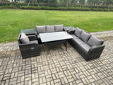 Fimous 7 Seater Rattan Garden Furniture Set Oblong Rectangular Dining Table and Chairs Set with 3 Seater Sofa 2 Side Tables Dark Grey Mixed