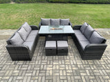 Fimous Rattan Furniture Garden Dining Set Gas Fire Pit Table With Lounge Sofa 2 Small Footstools Dark Grey Mixed