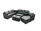 Fimous Rattan Garden Furniture Dining Set 10 seater Patio Coffee Table Sofa Set with 3 Stools Dark Grey Mixed