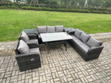 Fimous Outdoor Garden Patio Furniture Wicker Rattan Oblong Rectangular Dining Table and Lounge Sofa set with 2 Side Table Dark Grey Mixed