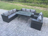 Fimous Outdoor Lounge Sofa Rattan Garden Furniture Set Patio Armchair and Rectangular Dining Table 8 Seater Dark Grey Mixed