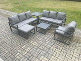 Fimous Aluminium 8 Seater Outdoor Garden Furniture Lounge Sofa Set with Square Coffee Table Chair Big Footstool Side Table Dark Grey