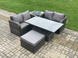 Fimous Outdoor Rattan Furniture Garden Dining Set Height Adjustable Rising lifting Table Love Sofa Set With Side Table Big Footstool Dark Grey Mixed
