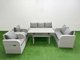 Fimous PE Rattan Garden Furniture Set Reclining Chair Sofa Double Love Seat 2 Seater Sofa Lounge Set Rectangular Dining Table Light Grey