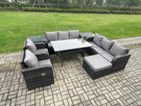 Fimous Outdoor Garden Patio Furniture Wicker Rattan Oblong Rectangular Dining Table and Lounge Sofa set with 2 Side Table Big Footstool Dark Grey Mixed