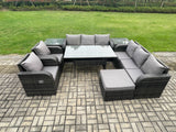 Fimous Outdoor Garden Patio Furniture Wicker Rattan Oblong Rectangular Dining Table and Lounge Sofa set with 2 Side Table Big Footstool Dark Grey Mixed