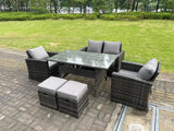 Fimous 6 Seater Outdoor Dark Grey Mixed High Back Rattan Sofa Double Sofa Dining Table Set Garden Furniture Stools