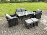 Fimous 6 Seater Outdoor Dark Grey Mixed High Back Rattan Sofa Double Sofa Dining Table Set Garden Furniture Stools