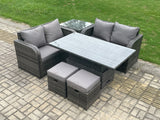 Fimous Outdoor Rattan Furniture Garden Dining Set Height Adjustable Rising lifting Table Love Sofa Set With Side Table 2 Small Footstool Dark Grey Mixed