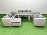 Fimous 9 Seater Wicker PE Rattan Furniture Outdoor Dining Table 3 Seater Sofa Armchair Set with 2 Side Tables Big Stool Light Grey