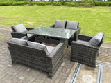 Fimous 6 Seater Outdoor Dark Grey Mixed High Back Rattan Sofa Dining Table Set Garden Furniture Arm Chairs Love Sofa