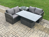 Fimous Outdoor Rattan Furniture Garden Dining Set Height Adjustable Rising lifting Table Love Sofa Set With Side Table Dark Grey Mixed