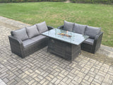 Fimous Rattan Garden Furniture Set with Fire Pit Table 3 Pieces Outdoor Lounge Sofa Set Dark Grey Mixed