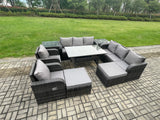 Fimous 10 Seater Rattan Garden Furniture Set Oblong Rectangular Dining Table and Chairs Set with 3 Seater Sofa 2 Big Footstool 2 Side Tables Dark Grey Mixed