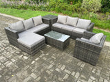 Fimous Wicker PE Rattan Sofa Set Outdoor Patio Garden Furniture with Armchair Oblong Coffee Table Side Table Big Footstool Dark Grey Mixed