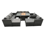 Fimous Rattan Garden Furniture Firepit Dining Set 10 Seater Lounge Sofa Table Set with 2 big Footstool