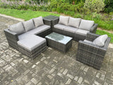 Fimous Wicker PE Rattan Sofa Set Outdoor Patio Garden Furniture with Armchair Oblong Coffee Table Side Table Big Footstool Dark Grey Mixed