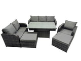 Fimous Rattan Garden Furniture Dining Set 8 seater Patio Height Adjustable Rising Lifting Table Sofa Set with 2 Big Footstool Dark Grey Mixed