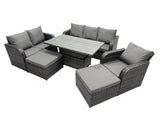 Fimous Rattan Garden Furniture Dining Set 8 seater Patio Height Adjustable Rising Lifting Table Sofa Set with 2 Big Footstool Dark Grey Mixed