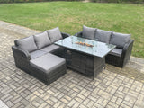 Fimous Rattan Garden Furniture Set with Fire Pit Table 7 Seater Outdoor Patio Lounge Sofa Set Dark Grey Mixed