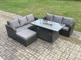 Fimous Rattan Garden Furniture Set with Fire Pit Table 7 Seater Outdoor Patio Lounge Sofa Set Dark Grey Mixed