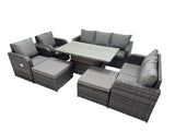 Fimous Rattan Garden Furniture Dining Set 9 seater Patio Height Adjustable Rising Lifting Table Sofa Sets with 2 Big Footstool Dark Grey Mixed