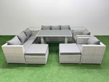 Fimous 10 Seater Wicker PE Rattan Furniture Outdoor Dining Table 3 Seater Sofa Armchair Set with 2 Side Tables 2 Big Stools Light Grey