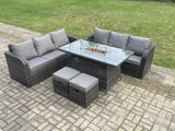Fimous Rattan Garden Furniture Set with Fire Pit Table 8 Seater Outdoor Lounge Sofa Set Dark Grey Mixed