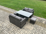 Fimous Outdoor Rattan Furniture Garden Dining Set Height Adjustable Rising lifting Table Love Sofa Set With 2 Small Footstools Dark Grey Mixed