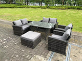 Fimous 7 Seater High Back Dark Grey Mixed Rattan Sofa Dining Table Set Garden Furniture Love Sofa Arm Chair