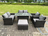 Fimous 7 Seater High Back Dark Grey Mixed Rattan Sofa Dining Table Set Garden Furniture Love Sofa Arm Chair